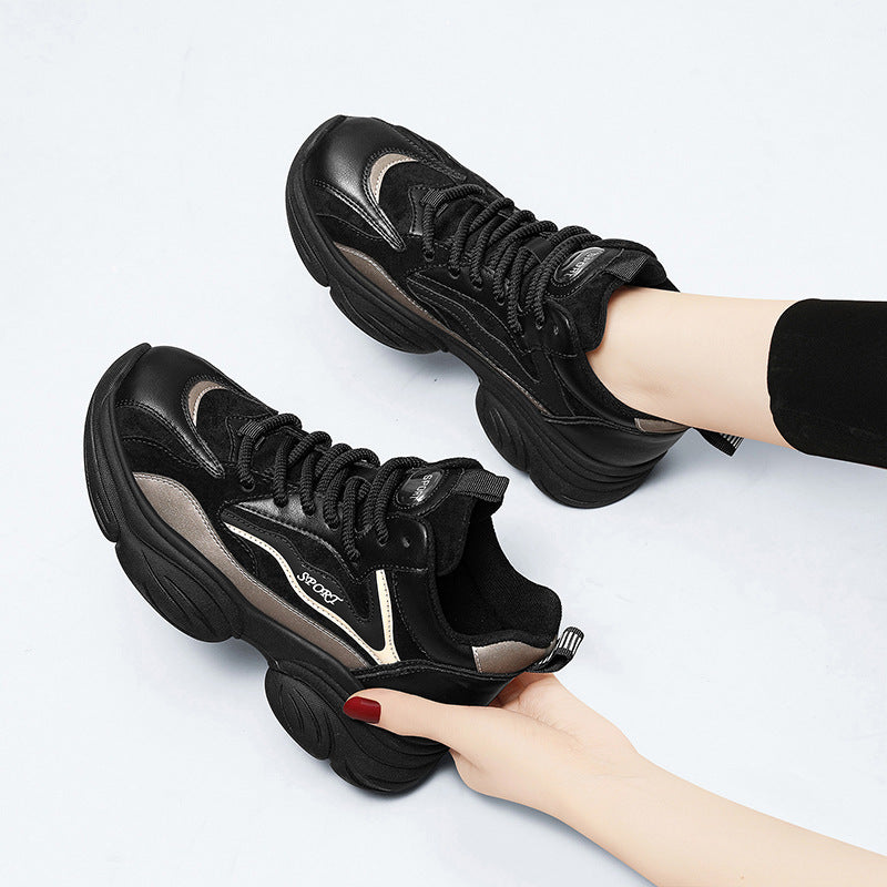 Women's Plus Size Fleece-lined Black Thick-soled Daddy Sneakers