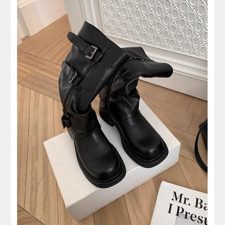 Mom Height Increasing Fashionable Belt Buckle Head Pleated Boots