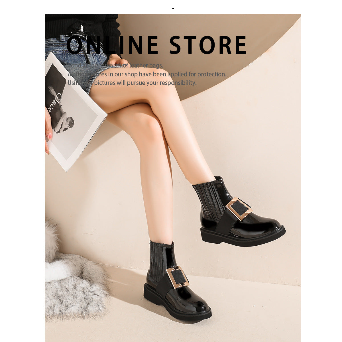 Women's Ankle Rhinestone Square Buckle Patent British Boots