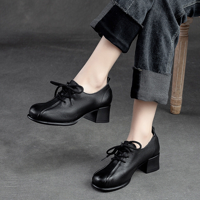 Women's & Men's First Layer Cowhide Round Head Chunky Casual Shoes