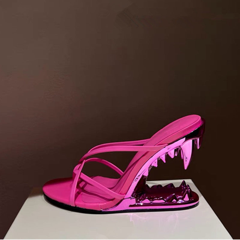 Metal Giant Tooth Tiger Abnormal Shape Open Toe Heels