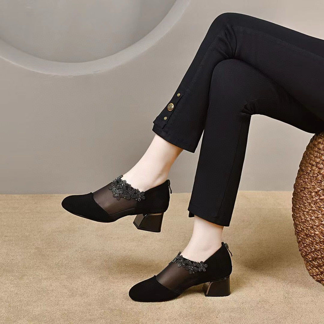 Women's Round Toe Mesh Black Sheepskin Flat Deep Mouth Flower Loafers