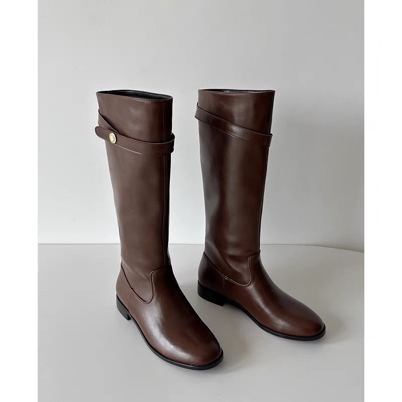 Women's Black Gold Coin Chunky Platform Long Tube Knight High Straight Women's Leather Boots