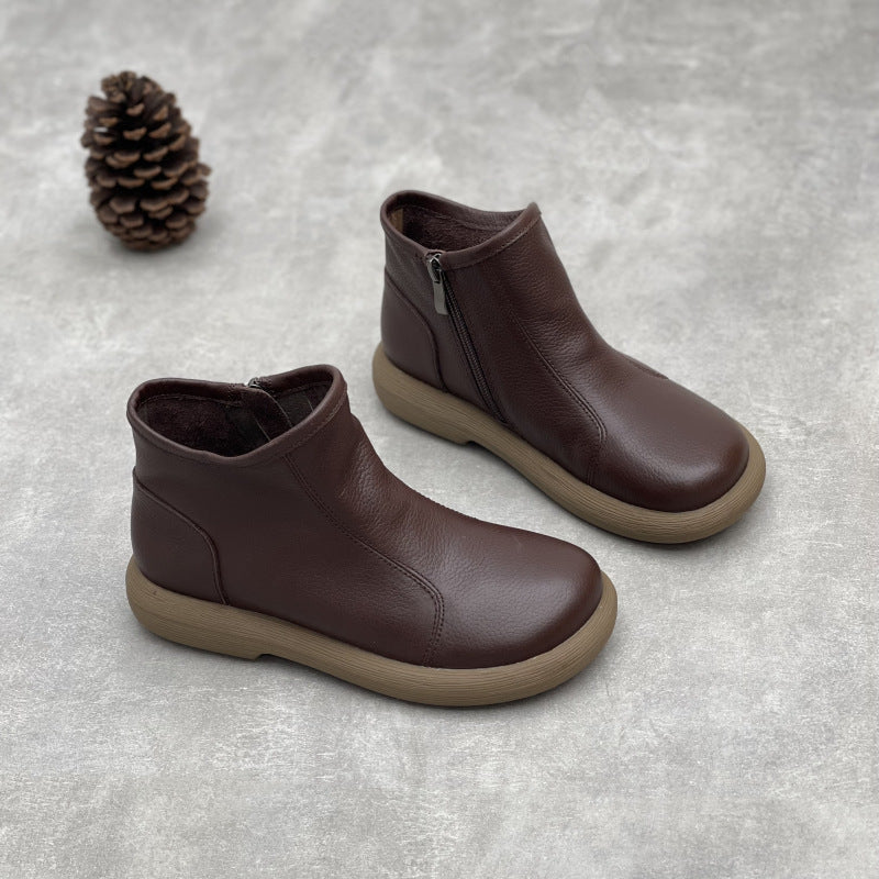 Women's Handmade Art Retro Flat Bottom Round Toe Soft Cowhide Pure Boots