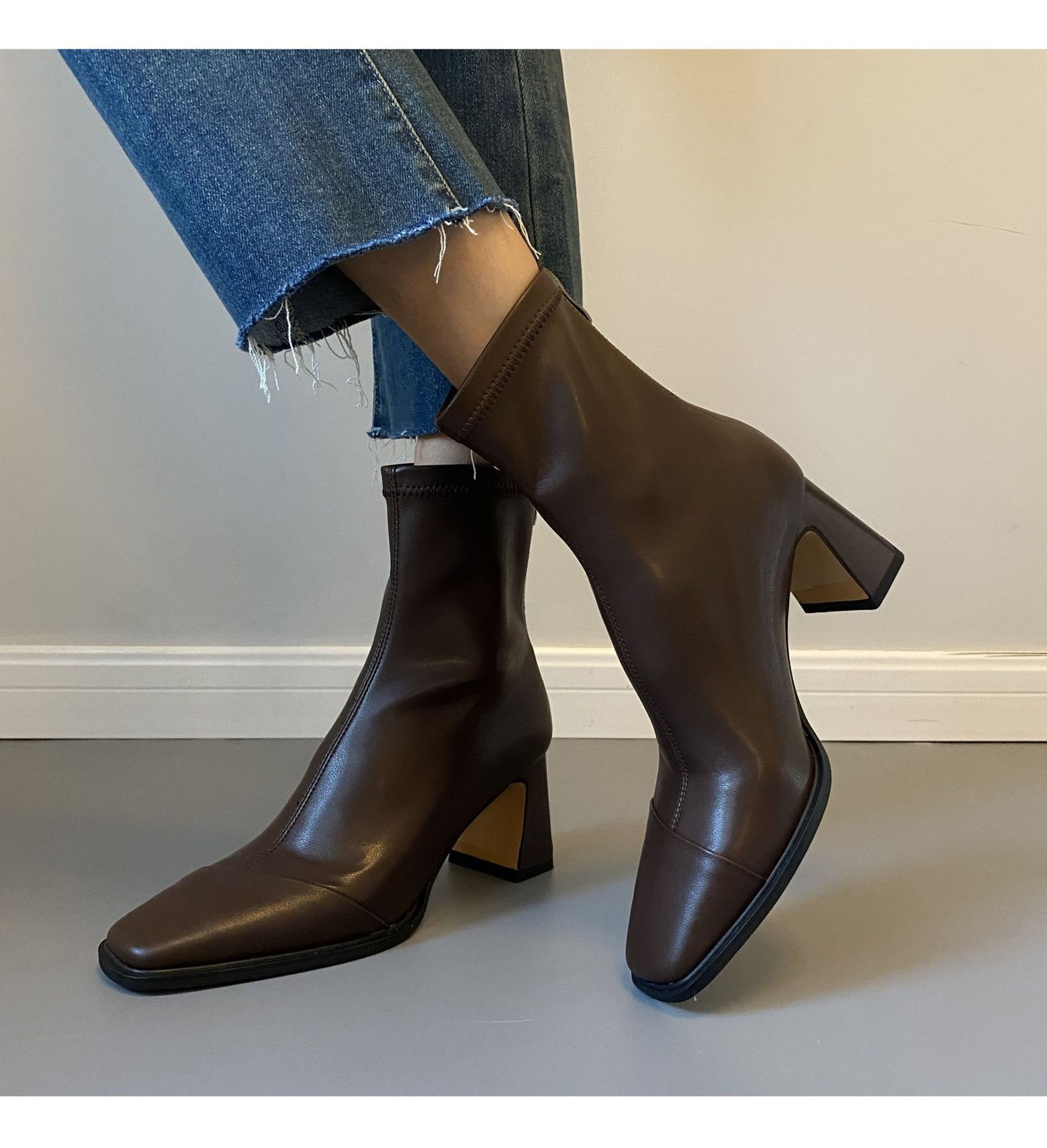 Women's Cowhide Version Black French High-heeled Skinny Boots