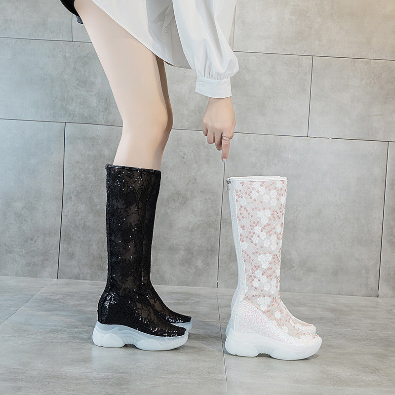 Women's Increasing Insole Embroidered Back Zipper Small Slim Boots