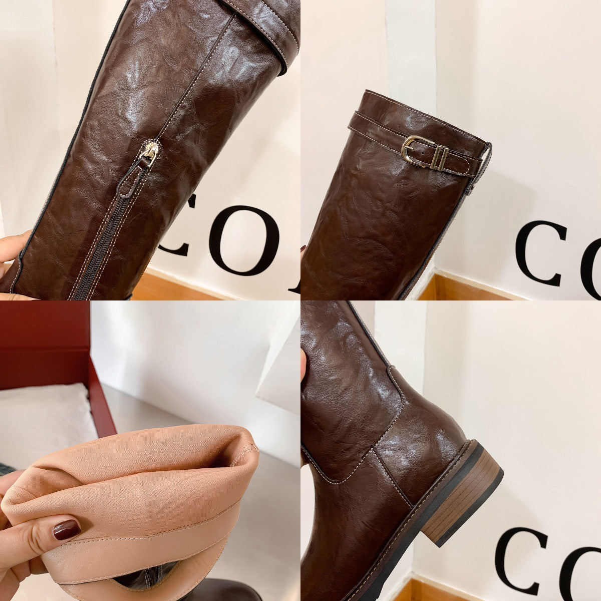 Washed Cowhide Thick Bottom Belt Buckle Tall Boots