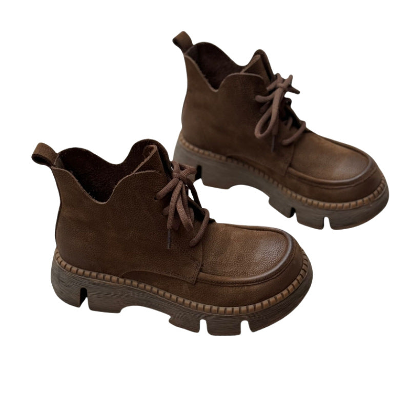 Handmade Genuine Ankle Retro Artistic Platform Round Toe Lace Up Boots