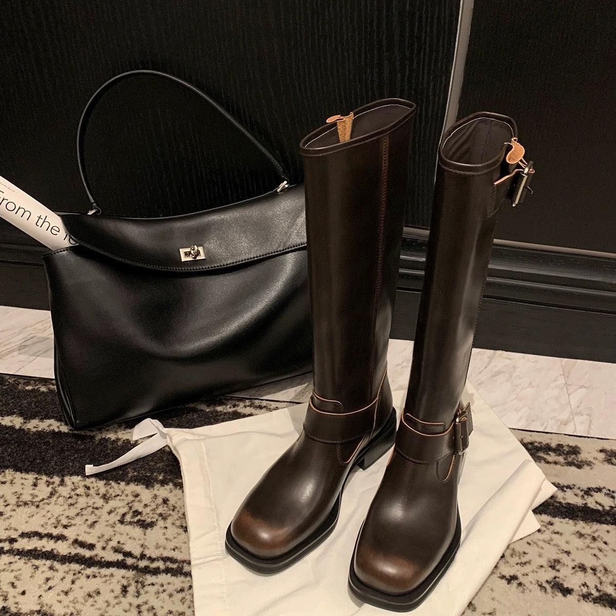 Mom Square Toe Chunky Platform Buckle Boots