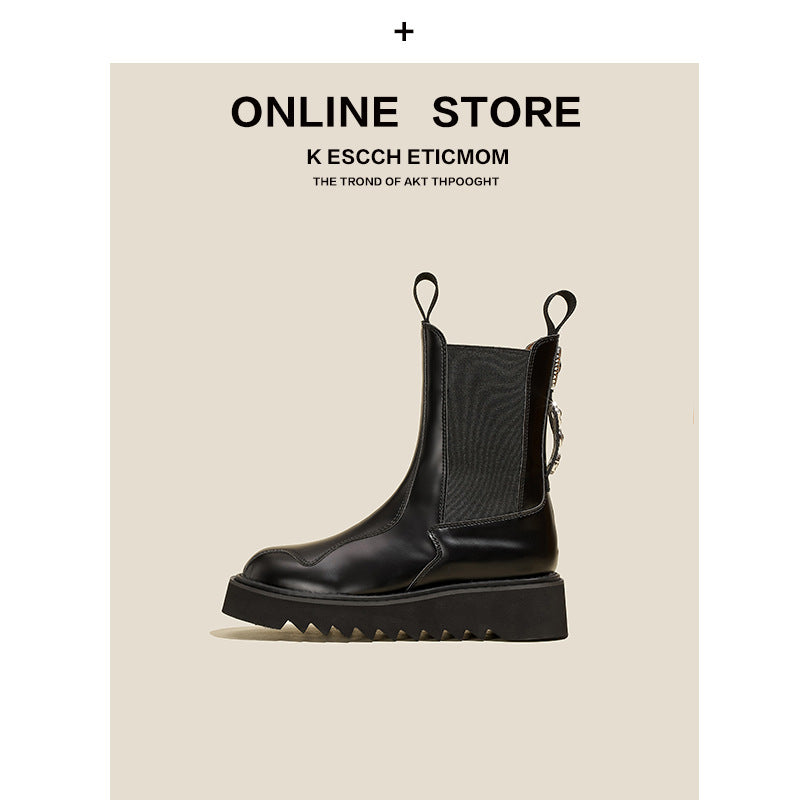 Women's Badge Buckle Height Increasing Desert Chelsea Thick-soled Women's Leather Boots