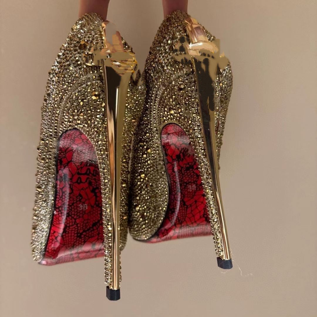 Large Size Gold Truncheon High Super Printed Red Bottom Pointed Women's Fashion Shoes