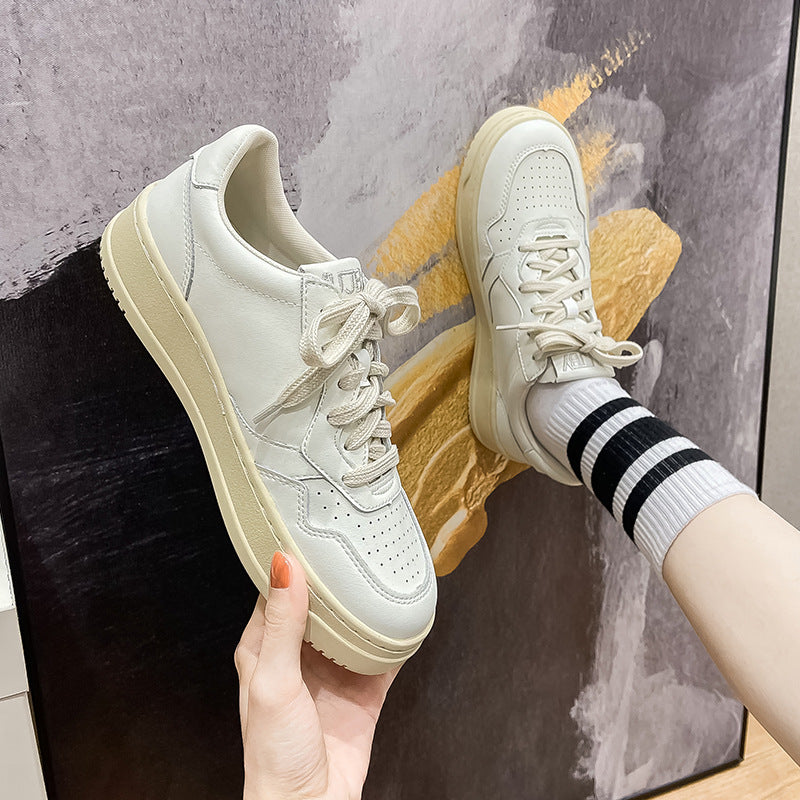 Women's White Calf Stitching Retro Round Toe Sneakers