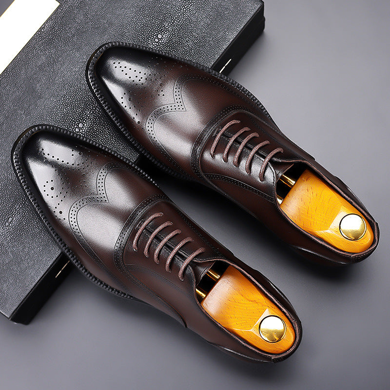 Men's Business Formal Genuine Breathable Full Grain Cowhide Brogue Leather Shoes