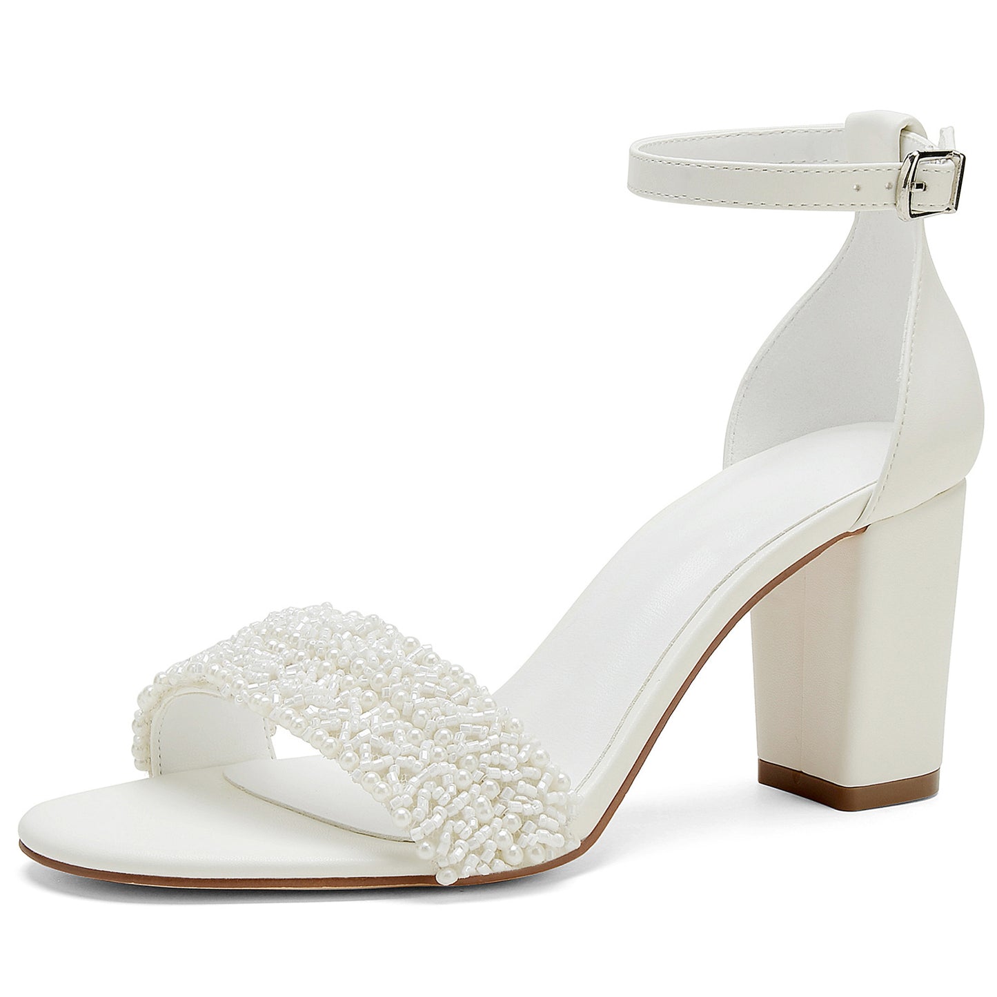 Women's White High-heeled Chunky Wedding Pearl Strap Large High Heeled Sandals