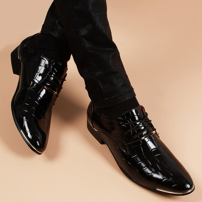 Men's Green Korean Style Bright Surface Pointed Height Leather Shoes