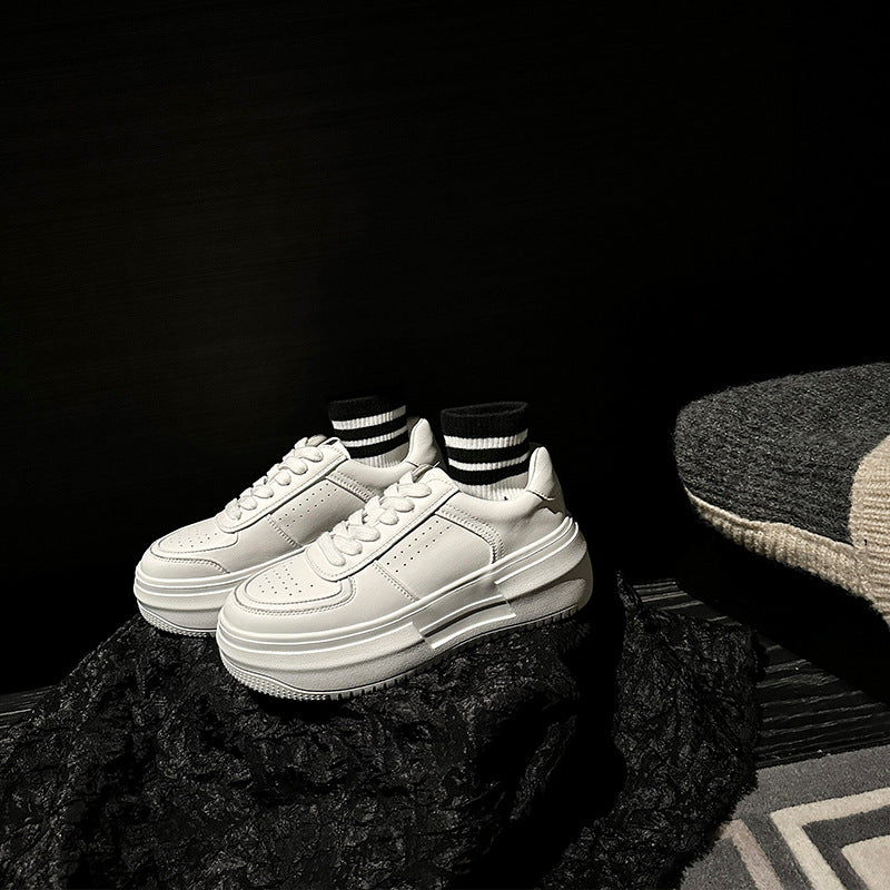 Women's White Genuine Elevator Platform Round Toe Sneakers
