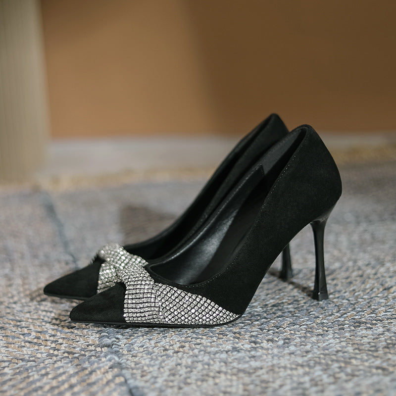 Women's High Suede Solid Color Rhinestone Ornament Stiletto Women's Fashion Shoes