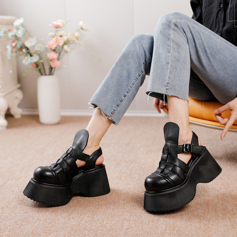 Women's Cowhide Woven Platform Comfortable Wedge Genuine Sandals