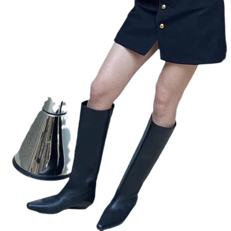Women's Genuine Retro Tall Knight Chunky Slimming Below The Knee Women's Leather Boots