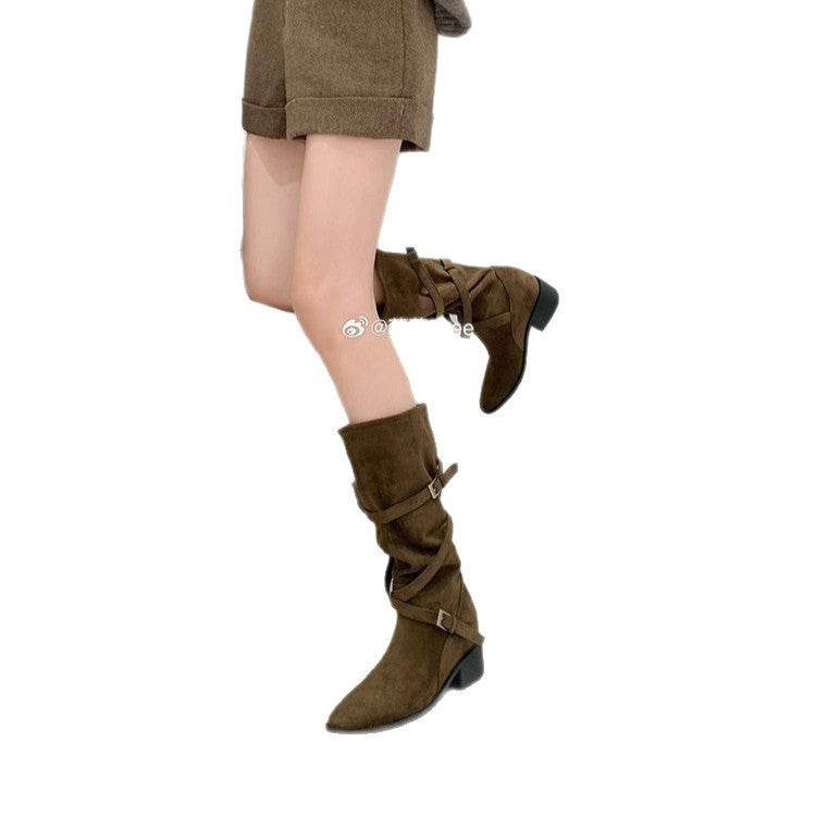 Mom Height Increasing Large Long Leg Tip Round Head Cross Women's Leather Boots
