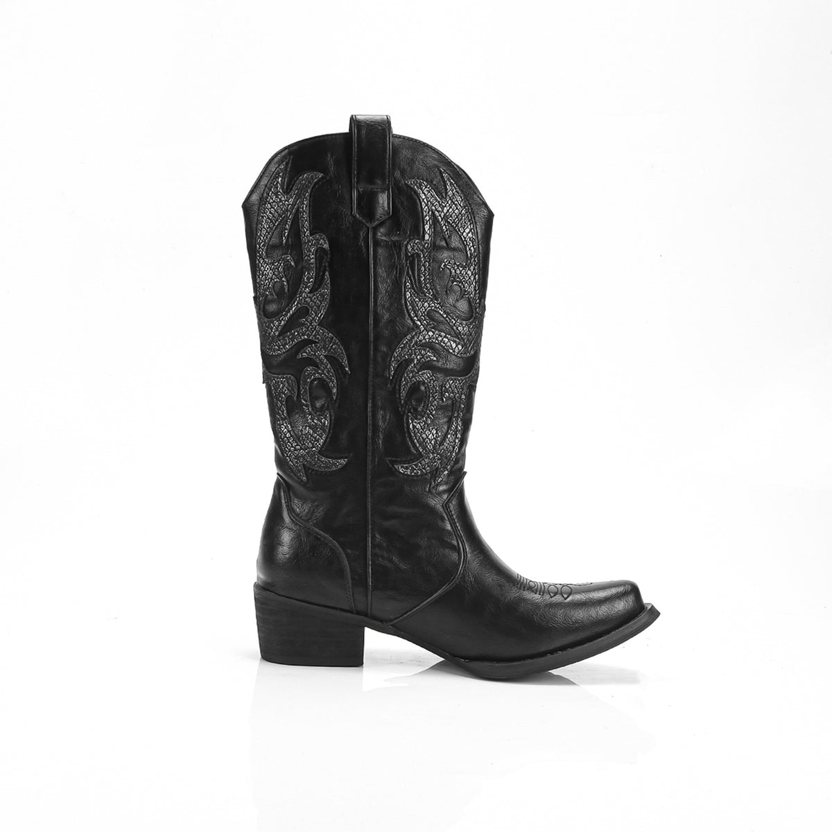 The Knee Middle Vintage Embroidery Square Toe Chunky Women's Leather Boots