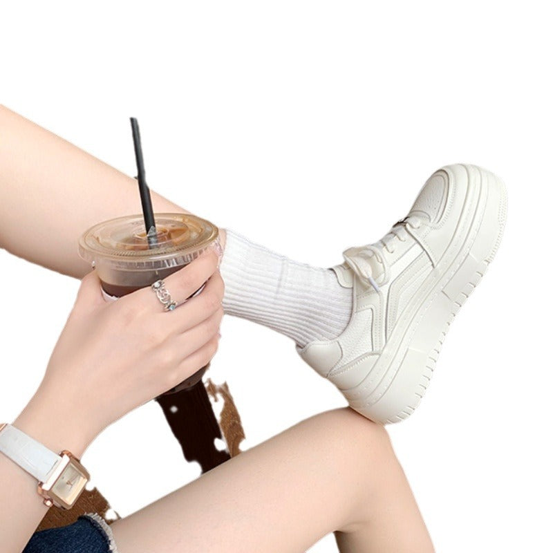 Women's White Round Toe Platform Elevator Wild Casual Shoes