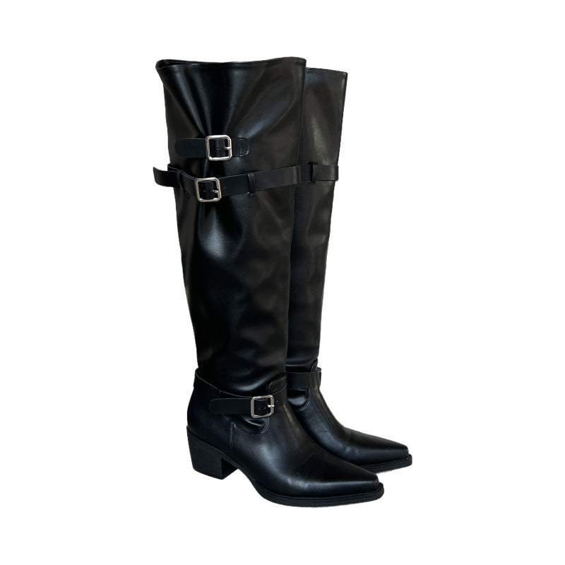 Style Thick Pointed Belt Buckle Tall Knight Hot Women's Leather Boots
