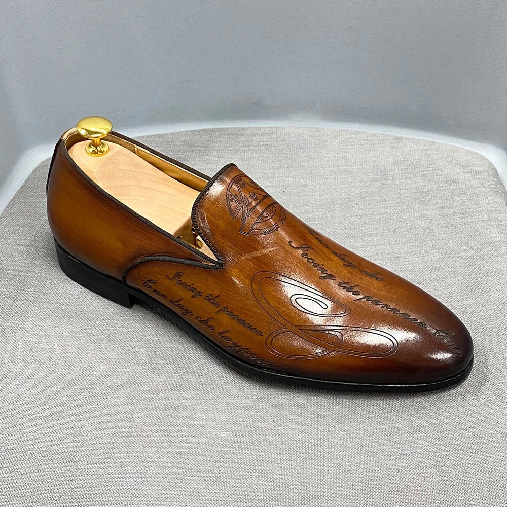 Men's Italian Style Letters Genuine Dress Slip-on Leather Shoes