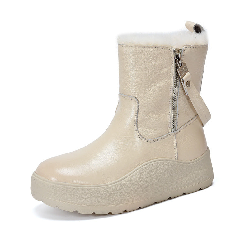 Women's Zipper Top Layer Cowhide Platform Ankle Plus Snow Boots
