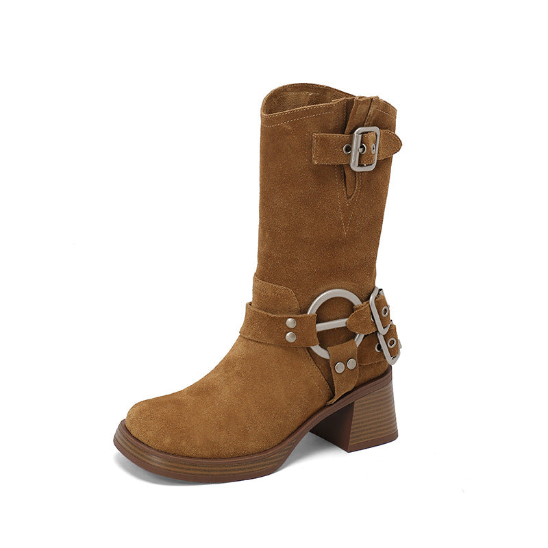 Women's Summer Thin Western Cowboy Platform Short Brown Middle Women's Leather Boots