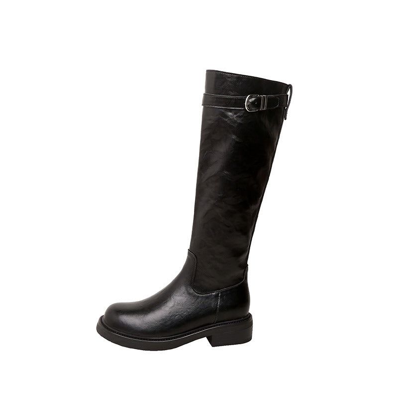 Washed Cowhide Thick Bottom Belt Buckle Tall Boots