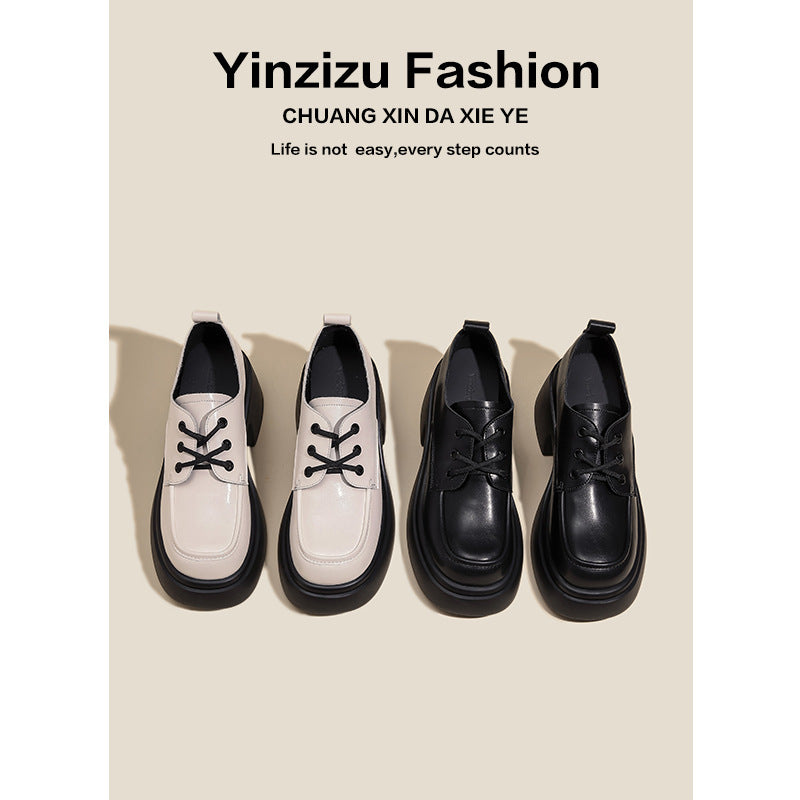 Women's British Style Single-layer Platform Chunky Black Women's Shoes