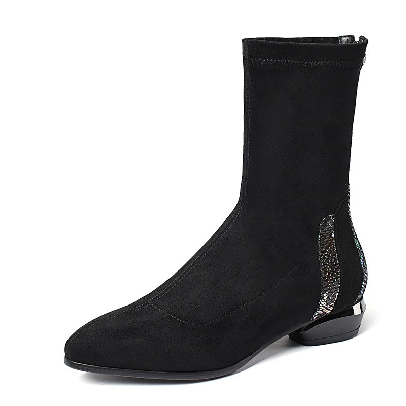 Women's Chunky Short Autumn Fashion Stretch Thin Round Toe Single-layer Women's Leather Boots