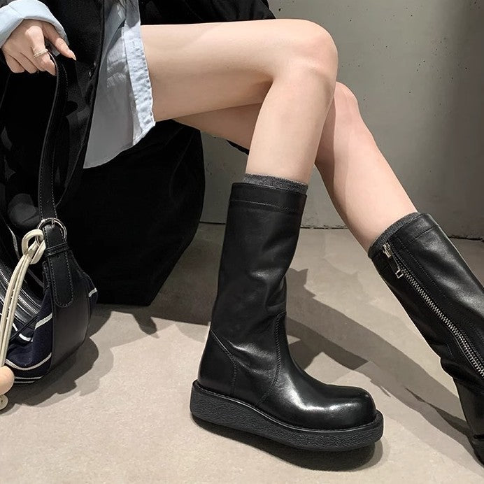 Second Hair Grape Mom Retro Round Toe Side Zipper Height Women's Leather Boots