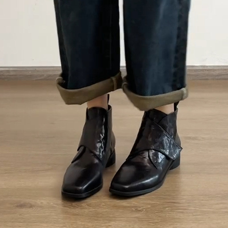 Women's Cowhide Version Niche Square Toe Velcro Martin Boots