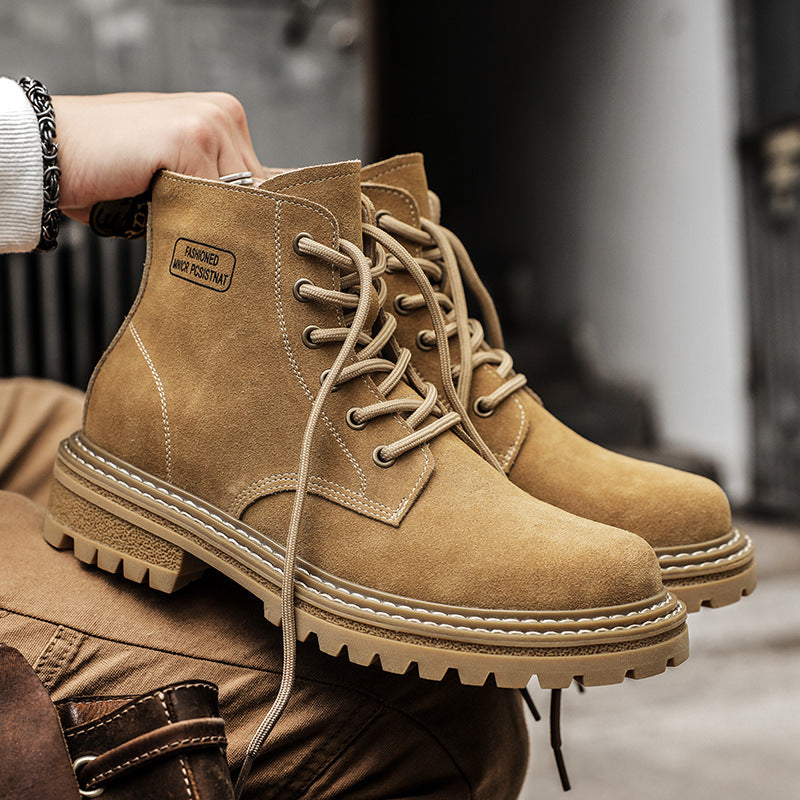 Men's Side Zipper Working Middle High Top Genuine Men's Shoes
