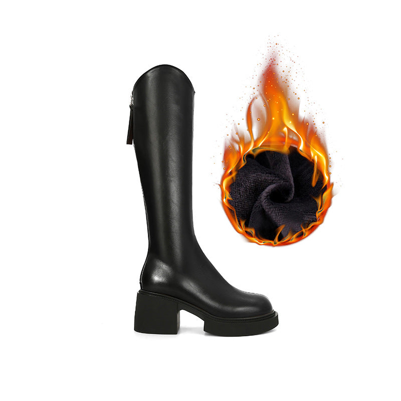 Women's Slimming V Cut Back Zipper Chunky Platform Tube Round Head Women's Leather Boots