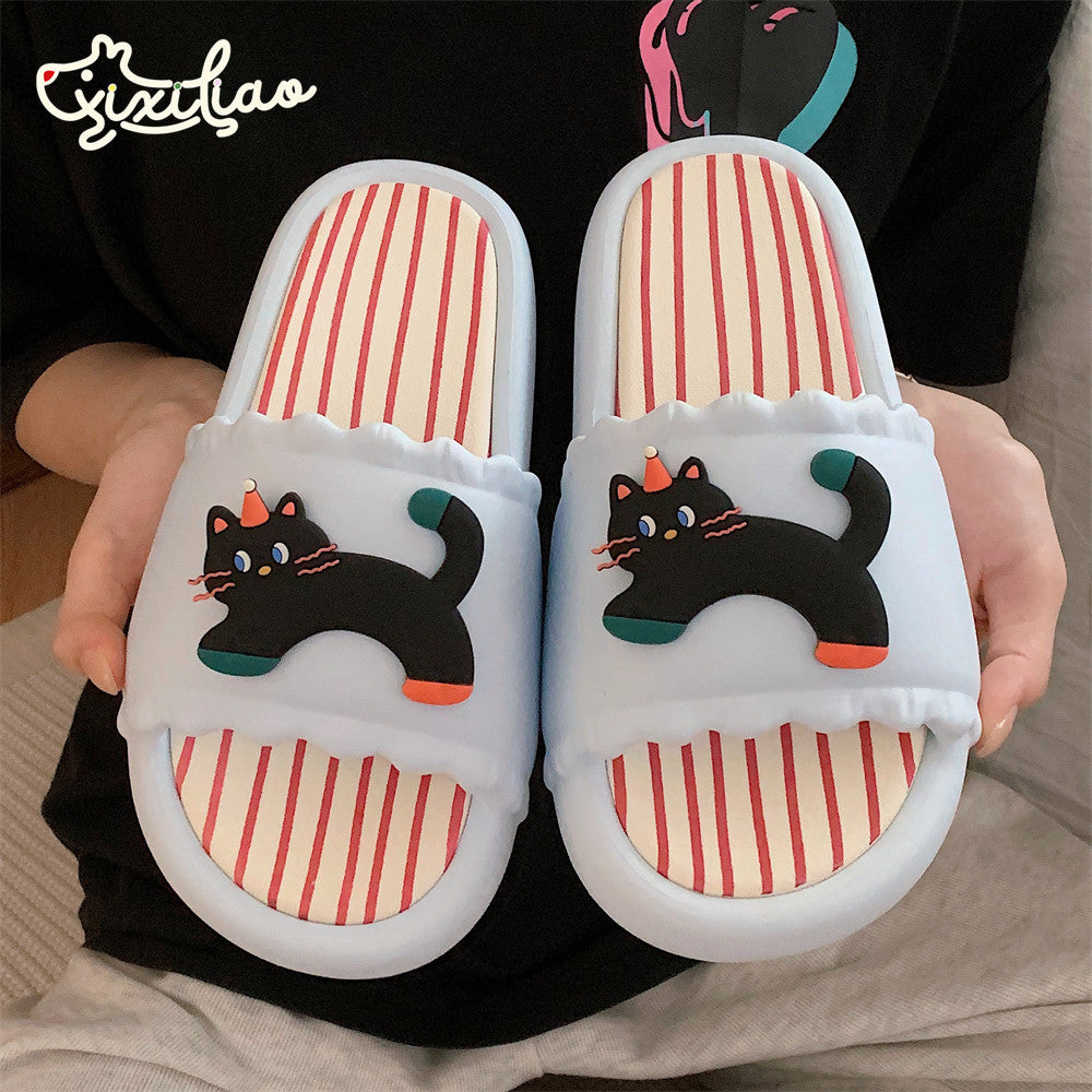 Women's Cartoon Black Kitten Cute Flip-flops Fun Sandals