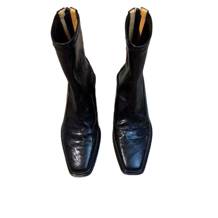 Platform Increased Stretch Thin Female Square Toe Back Zipper Retro Women's Leather Boots