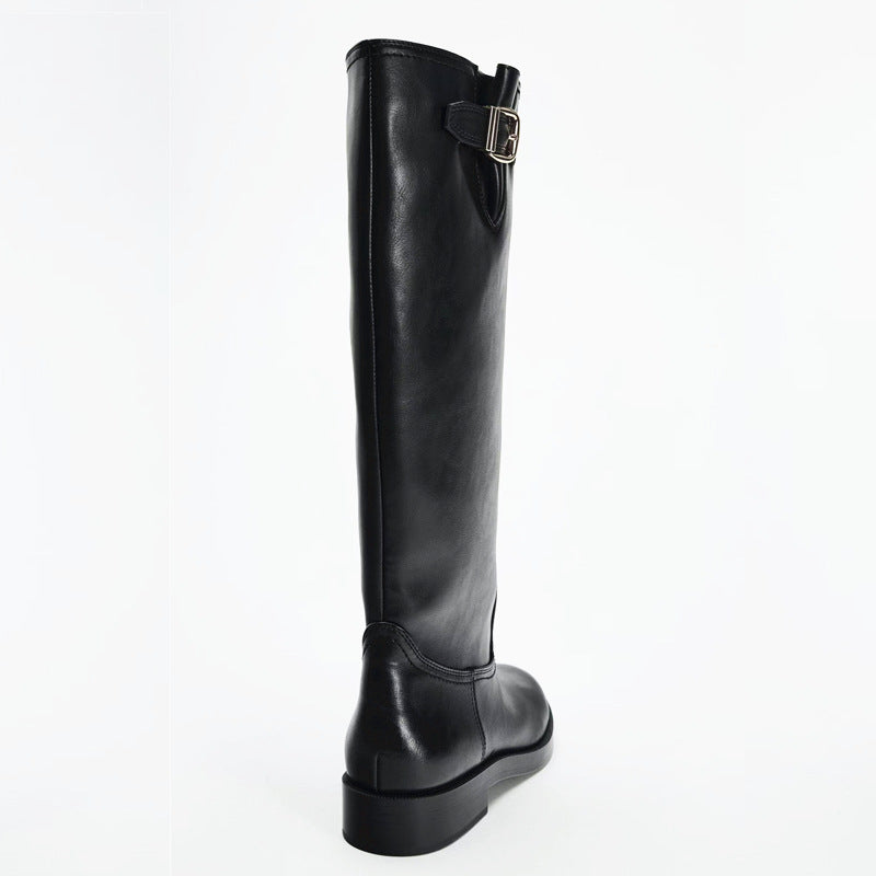 Women's Buckle Decoration Chunky Pantyhose Round Head Thick Bottom Below Boots