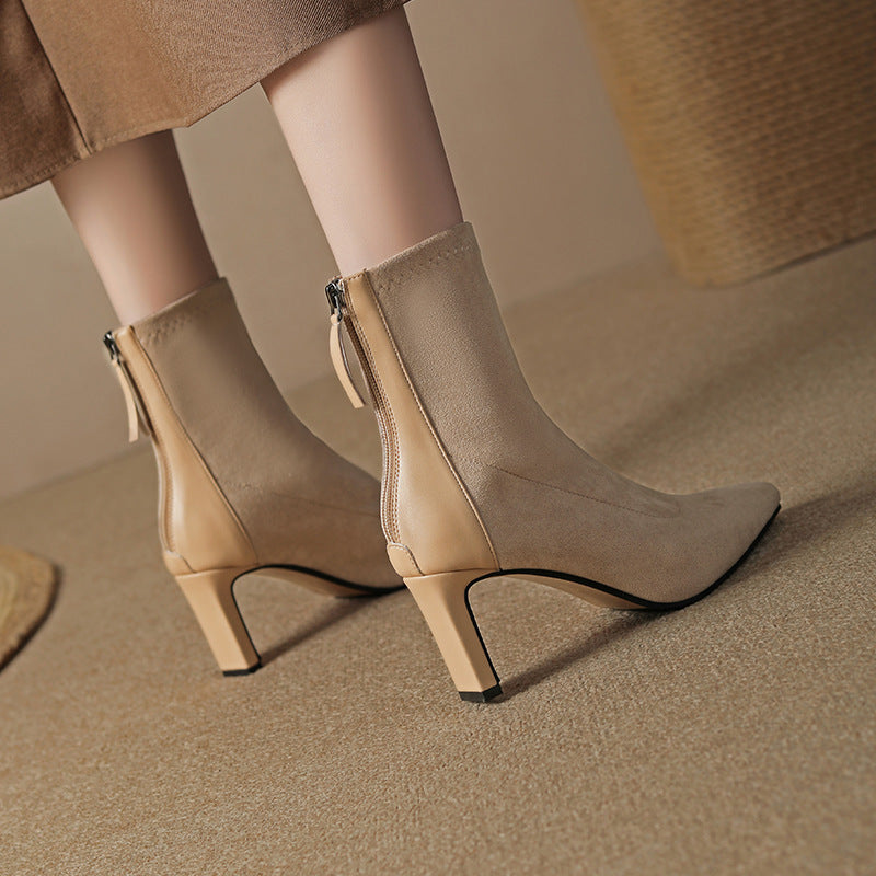 Women's French Style High Chunky Pointed Toe Back Zipper Suede Stretch Women's Leather Boots