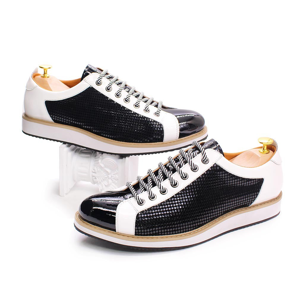 Men's Genuine Black White Color Matching Pointed Leather Shoes