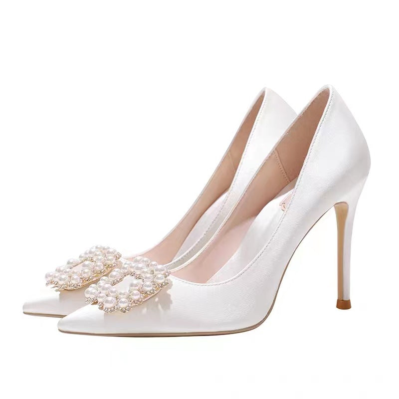 Women's Rhinestone Buckle High Stiletto Pumps Satin Women's Fashion Shoes