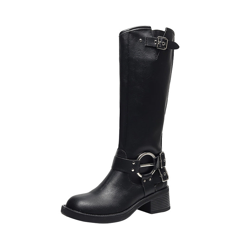 Women's Buckle Chunky Martin Below The Knee British Style Plus Boots