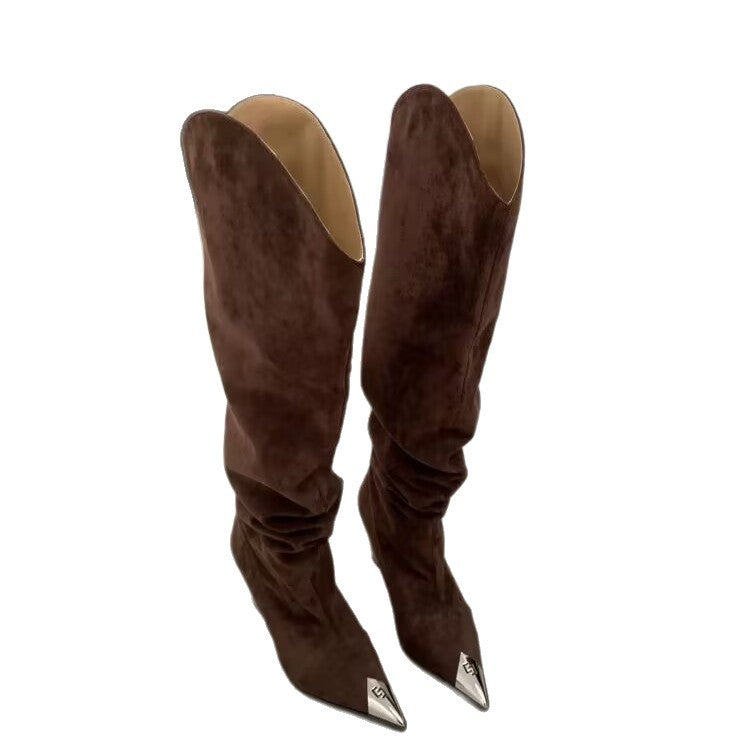 Hot Leopard Print Oversized Pointed Toe Pile Style Chunky Women's Leather Boots
