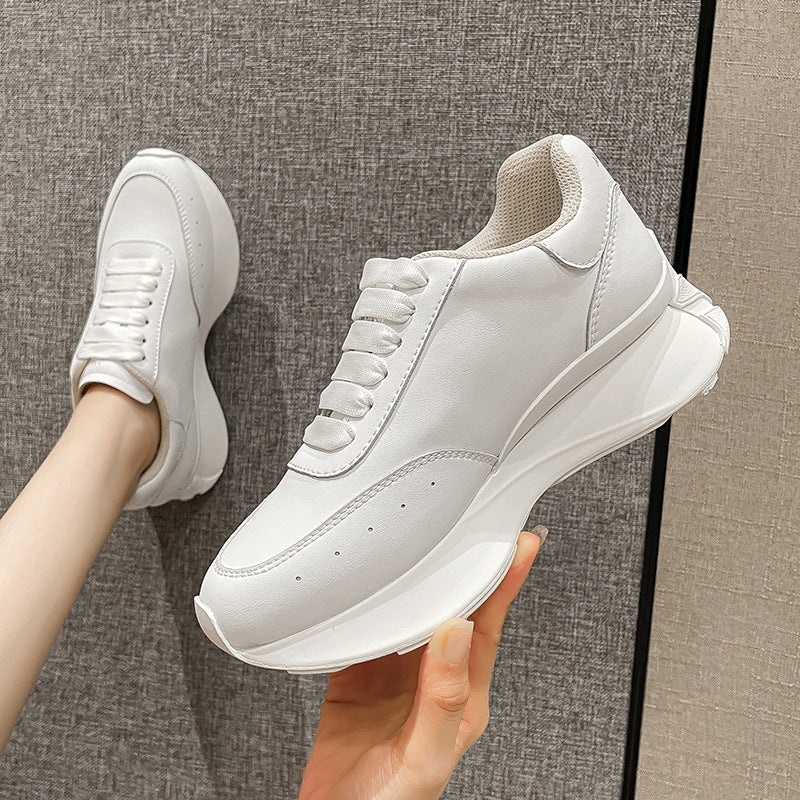 Women's Cowhide Breathable Daddy Sports Thick Bottom White Hight Sneakers