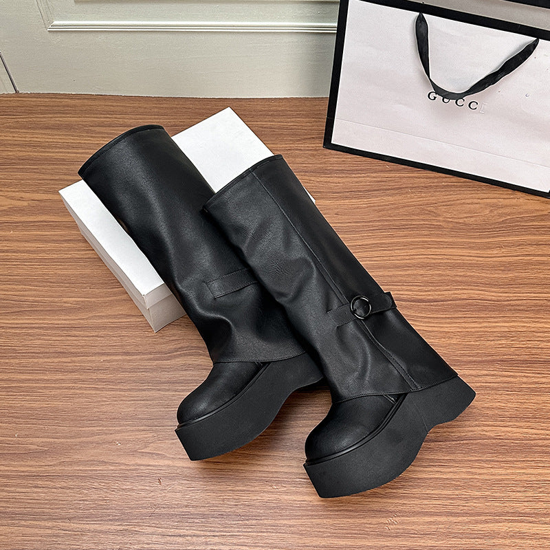 Women's Autumn Small Pantyhose Muffin Knight Thick Bottom Increased Fat Widened Women's Leather Boots