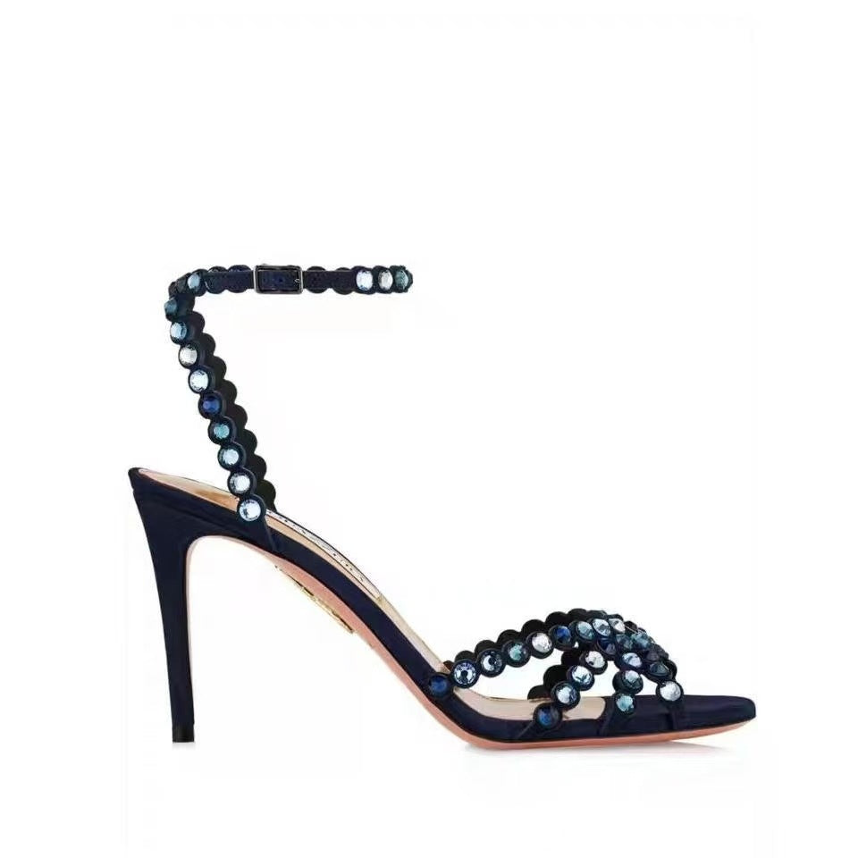 Metal Round Toe Stiletto Rhinestone Strap Buckle Open Large High Heeled Sandals