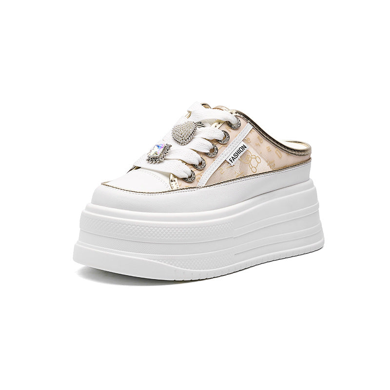 Women's Platform White Summer Breathable Half Genuine Slippers