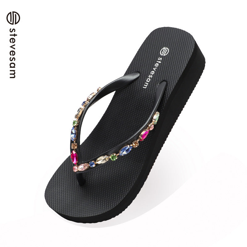 Women's Rhinestone Summer Tide Thick Bottom Beach Slippers